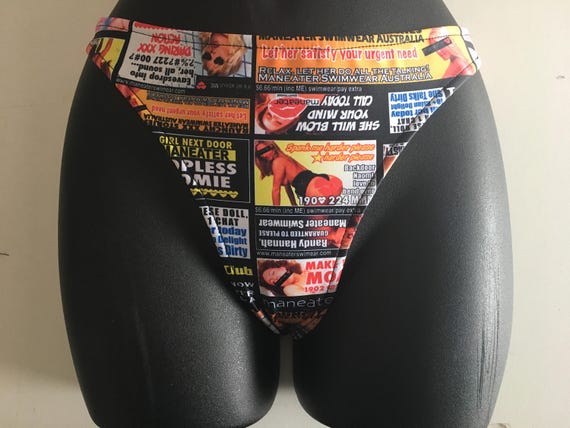 ONEofaKIND *** MissManeater CALL GIRL digital print 80's style thick side boutique bikini pant *** THONG cut!