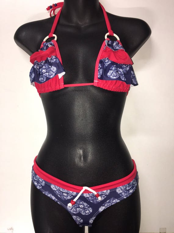 50% off SALE *** MissManeater NAUTICAL ring top frill sliding bikini top with drawcord sporty boutique bikini pant ***BRAZILIAN cheeky cut!