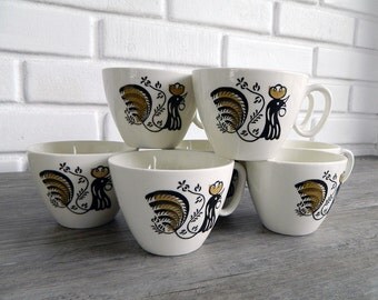 Mid Century Tea Cup Set of 8, Vintage Coffee Cup Set, Vintage Rooster Tea Cups, Vintage Coffee Mugs, MidCentury Coffee Cups