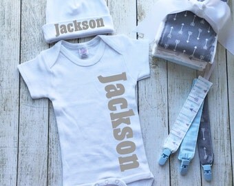 Baby Boy Gift Set, Beanie, Custom Baby Gift, Baby Boy Coming Home Outfit, Monogram Boy Gift, Custom Onesie, Baby Shower Gift Idea
