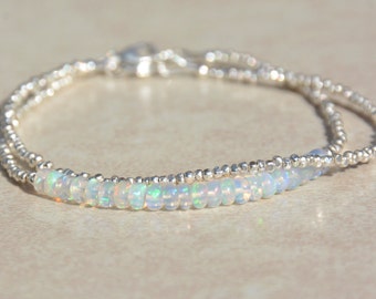 October Birthstone Bracelet, Ethiopian Opal Gemstone Bracelet, Sterling Silver, Opal Jewelry, Beaded Friendship Bracelet, Birthday Gift