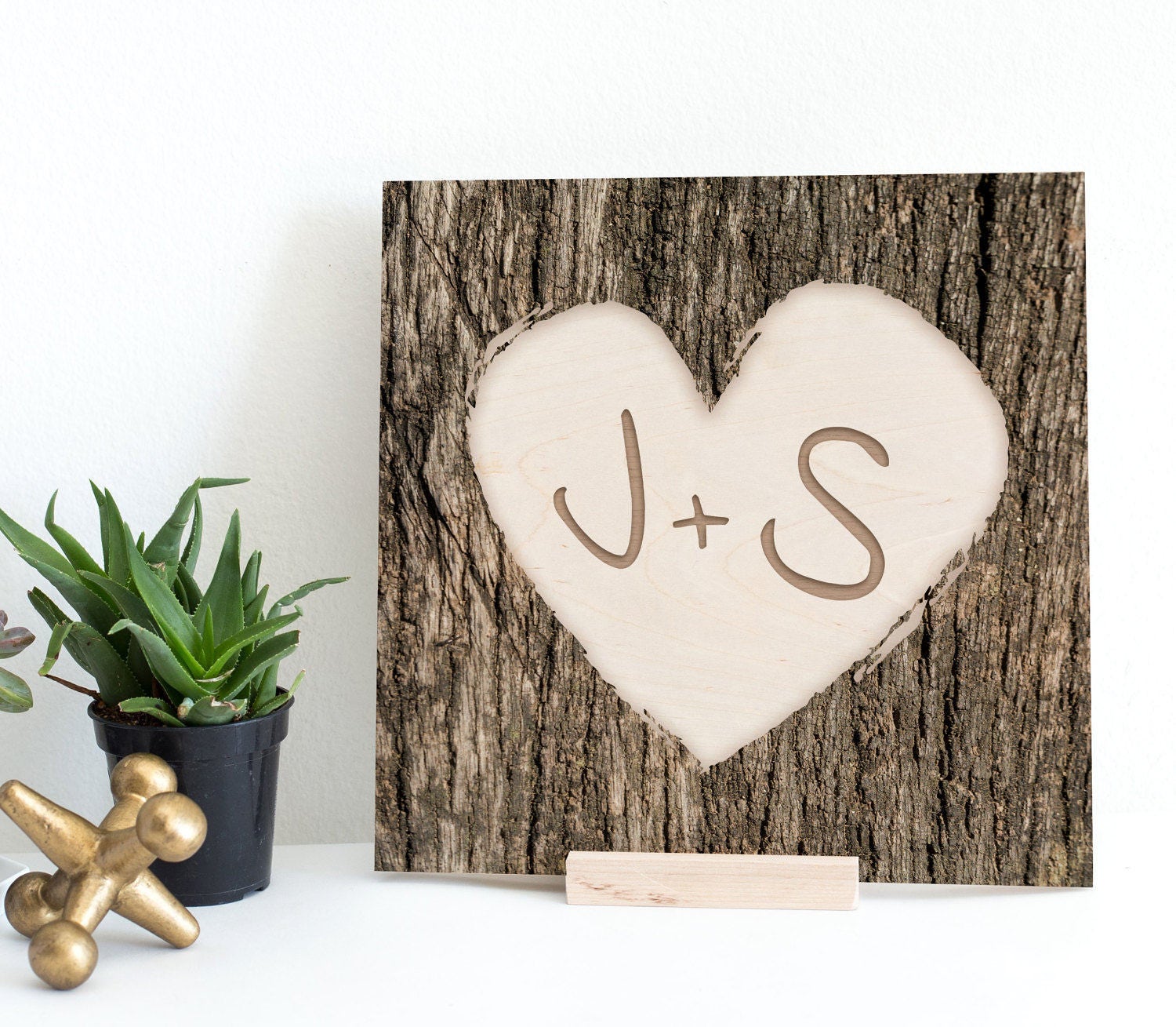 Engraved Initials in Heart Frame Tree Bark Wood Print Unique