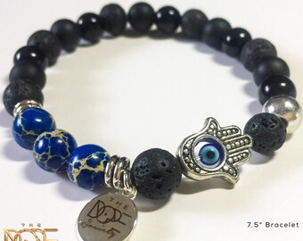 Black Lava Stone Bracelet, Jasper Bead Bracelet, Silver Plated Bracelet, Hamsa Hand Bracelet, Black Onyx Bracelet, Mens Beaded Bracelet 8mm