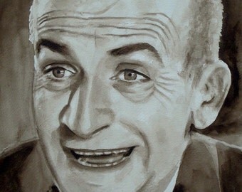Portrait painting sepia original watercolour by Louis de Funès, french actor
