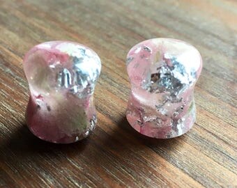 Real flower ear plugs-pink petal ear plugs-silver leaf ear plugs-resin ear plugs-gift-giftfor her-girlfriend gift