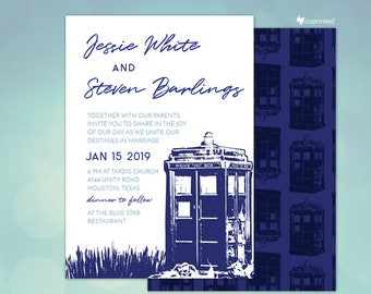 Dr Who Inspired Wedding Invitations, Time Travel Themed Wedding Invitations, Police Box Wedding Invitation, Tardis, RSVP, Program, Menu