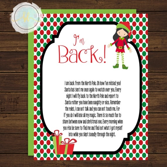 Elf Letter Girl Elf I'm Back Letter by BrandyLynnDesigns on Etsy
