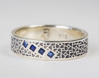 Silver Mens Wedding Band, Oxidized Silver Mens Ring, Wedding Band Mens, Mens Gift, Sterling Silver Ring, Blue Sapphire Ring, Mens Wedding