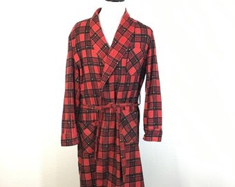 1950's vintage flannel robe lounge wear red plaid size L