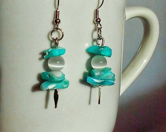 Aquamarine Semi Precious Chip Dangle Earrings, Multi Tone Aquamarine Dangle Earrings, Natural Stone Chip Earrings