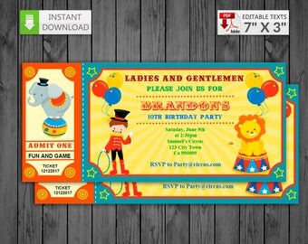 Printable invitation Ticket Circus in PDF with Editable Texts, Carnival circus Invitations, edit and print yourself! - Instant Download!