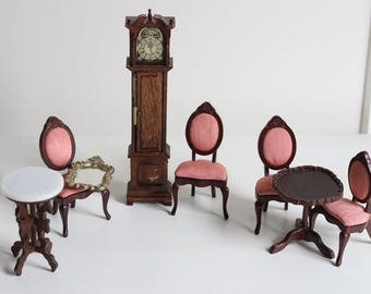 Vintage Dollhouse Formal Chairs, Grand Father Clock, Mirror, and Tables Furniture Set