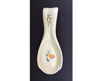 Vintage Stoneware Spoon Rest, Beige with Strawberry