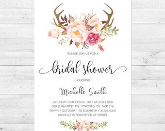 Bridal Shower Invitation, Bridal Shower Invite, Floral, Watercolor, Antler, Boho, Printable, Rustic Bridal Shower