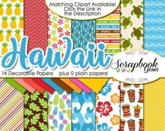 HAWAII Digital Papers, 23 Pieces, 12" x 12", High Quality JPEGs, Instant Download pineapple volcano tiki totem tropical water beach ocean