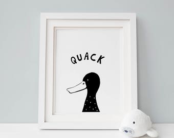 Animal Wall Art, Duck Quack Print, Monochrome Nursery Artwork, Artwork Nursery Animal, Farmyard Nursery Print, Farm Animal Print, Duck print