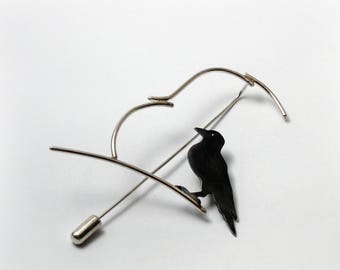 Silver Hitchcock brooch, Fathers day, Gift for him Sterling silver brooch Hitchcock brooch Crow brooch Silver women brooch Silver men brooch