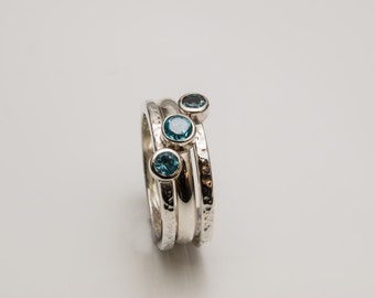 Hand Made Silver Stack Rings Set with Blue Topaz