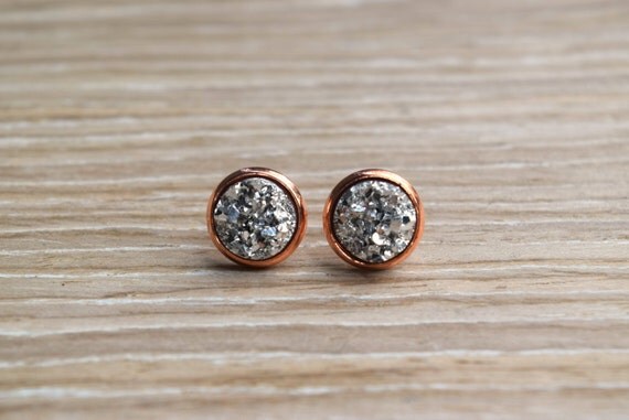 10mm Silver Druzy Studs with Gold Silver or Rose Gold Base
