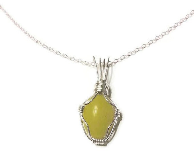 Sterling Silver Wrapped Yellow Nephrite Jade Necklace, Unique birthday Gift, Gift for Her, Jade Pendant, Yellow Jade Necklace