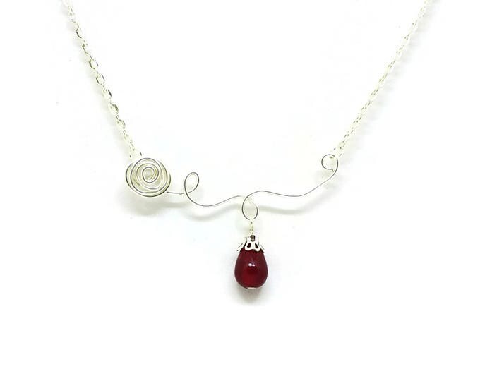 Silver Rose Necklace and Earring Set, Red Lamp-work Glass Bead Necklace Set, Wire Rose Pendant, Unique Birthday Gift
