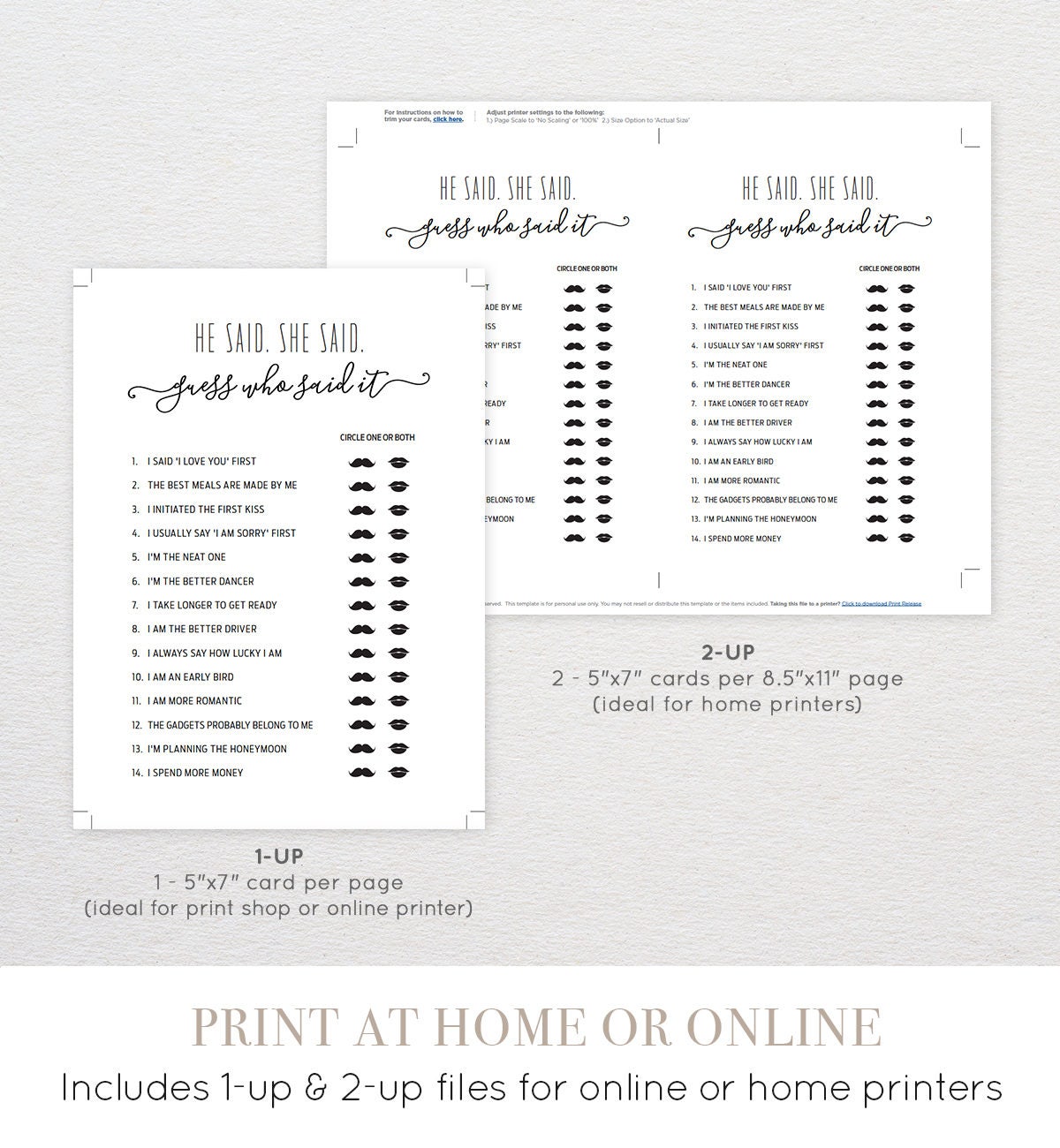 He Said She Said Game Printable Bridal Shower Game Wedding