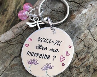 Hand Stamped Veux tu être ma Marraine?, Personalised French Godmother Keyring