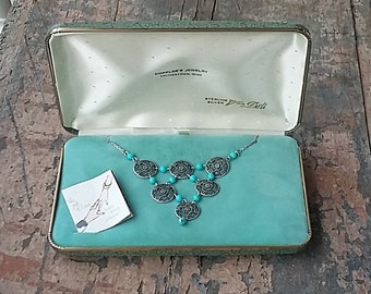 New Vintage Van Dell Sterling Silver Necklace Filigree Medallions, Turquoise Beads