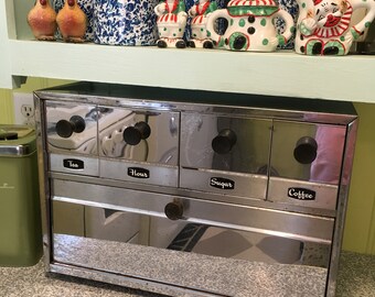 Vintage Stainless Metal Breadbox with Canister Drawers Retro Kitchen Storage Retro Kitchen Decor Flour Sugar Coffee Tea Canisters
