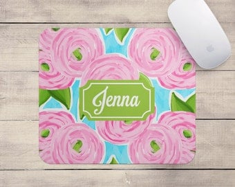 Personalized Floral Mouse Pad - Pink Roses - Mousepad Monogram Custom Office Decor Desk Accessories Best Seller Floral Gifts