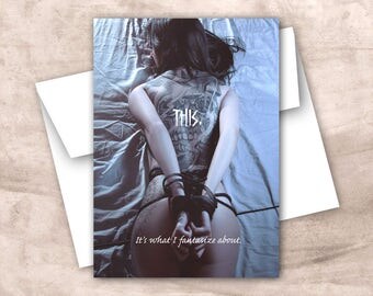 BDSM Card. Bondage card. Tattooed woman. Woman tied up. Adult Card. Sex fantasy card.