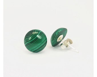 10mm Natural Malachite Button 925 Sterling Silver Stud Earrings E195