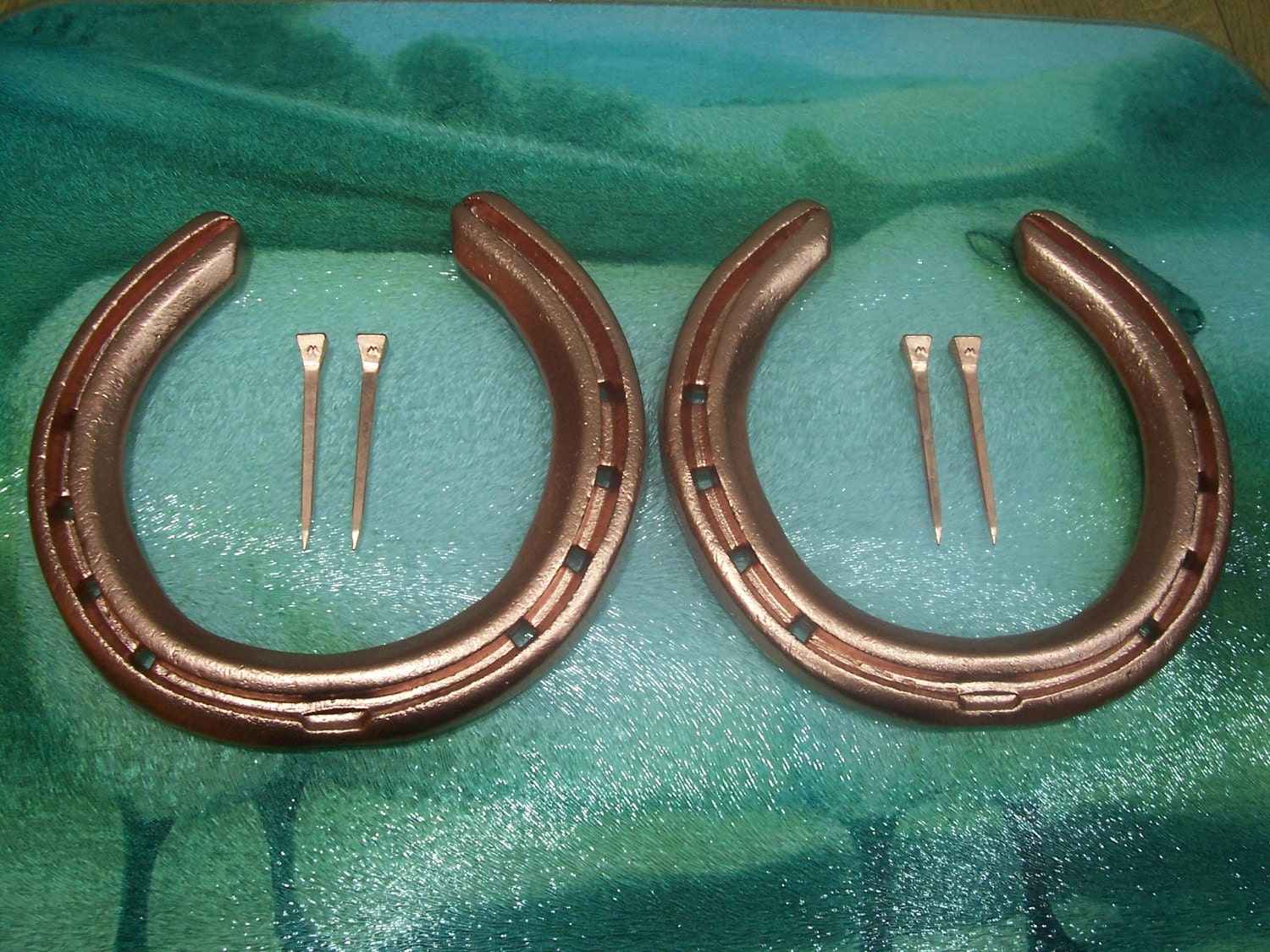 PAIR COPPER Painted HORSESHOES with 4 Copper Coated Horseshoe