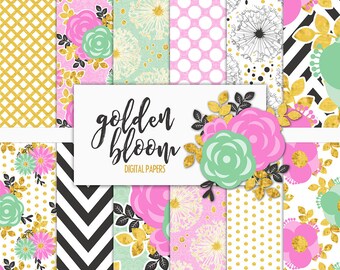 Golden Bloom Digital Paper Pack | Scrapbook Paper | Printable Background | 12 JPG, 300dpi files.