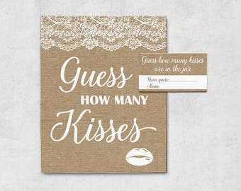 Rustic How Many Kisses Game, Burlap and Lace Bridal Signs, Wedding, Candy Guessing Count, Baby Shower, Guess Jar, BL LB Instant Download
