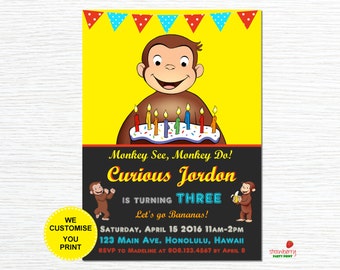Curious George Birthday Invitation, Monkey Party Invite, Digital Printable, Custom Invitation NOT Instant Download