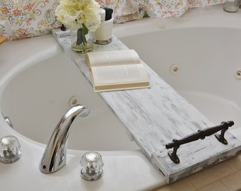 White Rustic Bath Tub Caddy/ Bath Tray/ Bath Caddy/ Farmhouse Bath Tray/ Rustic Tray/ White Tray