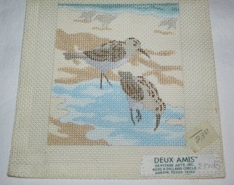 Deux Amis Sandpiper Sea Birds Needlepoint Canvas Beach Scene Vintage 1980s
