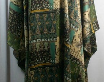 Plus size caftan/kaftan, shamoz silk or charmeuse fabric, green/brown tone, mixed pattern, size 1X-2X or 3X-4X