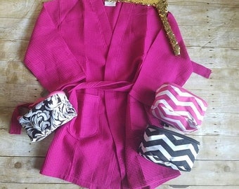 Monogrammed fuschia waffle weave spa robe and cosmetic bag