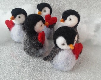 Needle felted Penguin,Sold individually , carrying a large red heart the perfect Mother's Day gift , Mother's Day penguin