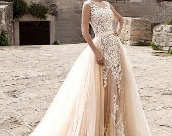 Wedding dress light Peach Echo and white colors with detachable train, tulle bridal removable skirt with train