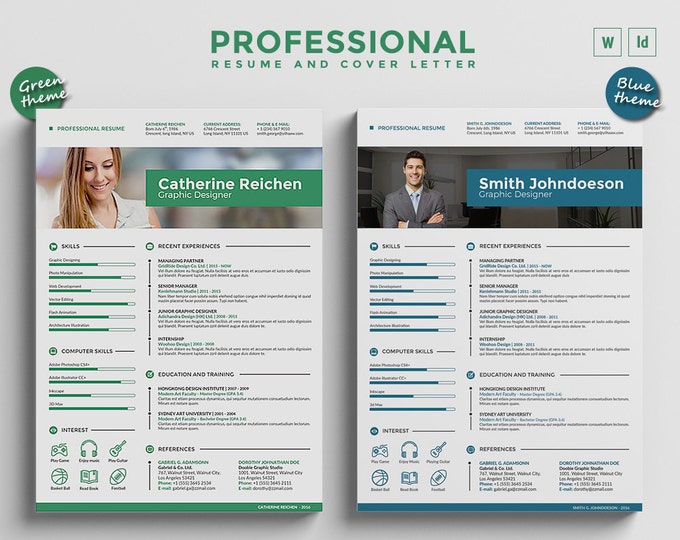 Professional Resume Template / CV Template Bundle, 3 Curriculum Vitae Design + Cover Letter in MS Word and InDesign format. Tutorial Videos