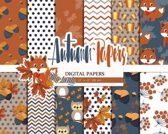 50% OFF SALE Fox Fall digital paper, Autumn Digital paper, autumn pattern, leaves pattern, Scrapbook Paper, Printable Background, 12 JPG.