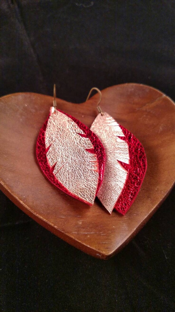 Red and Gold Layered Feather Earrings Feather Leather