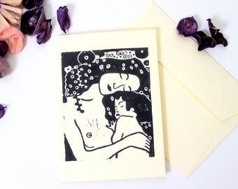 Klimt Mother and Child print card, mothers day card, Gustav Klimt print, lino print card, block printed postcard, the three ages of woman