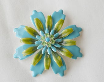 Aqua Blue and Lime Green Flower Brooch