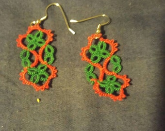 Beautiful red and green tatted long earrings