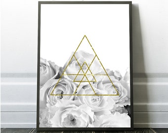 Flower Wall Art, Rose Print, Black and White Flower, Grey Flower, Instant Download, Botanical Print, Geometric Artwork, Minimalist Botanical