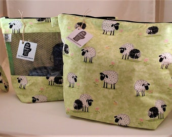 Knitting Project Bag, Zippered Project Bag, Knitting Wedge Bag, Yarn Tote Bag, Yarn Bag, Knitting bag, Sheep in the Meadow